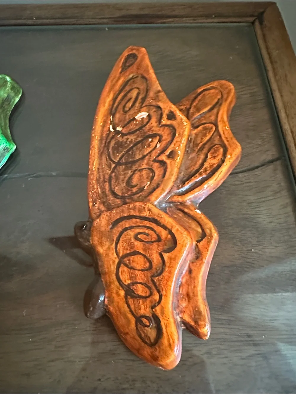 Vintage 1975 Handmade Ceramic Butterfly Wall Art Pair - Green & Orange